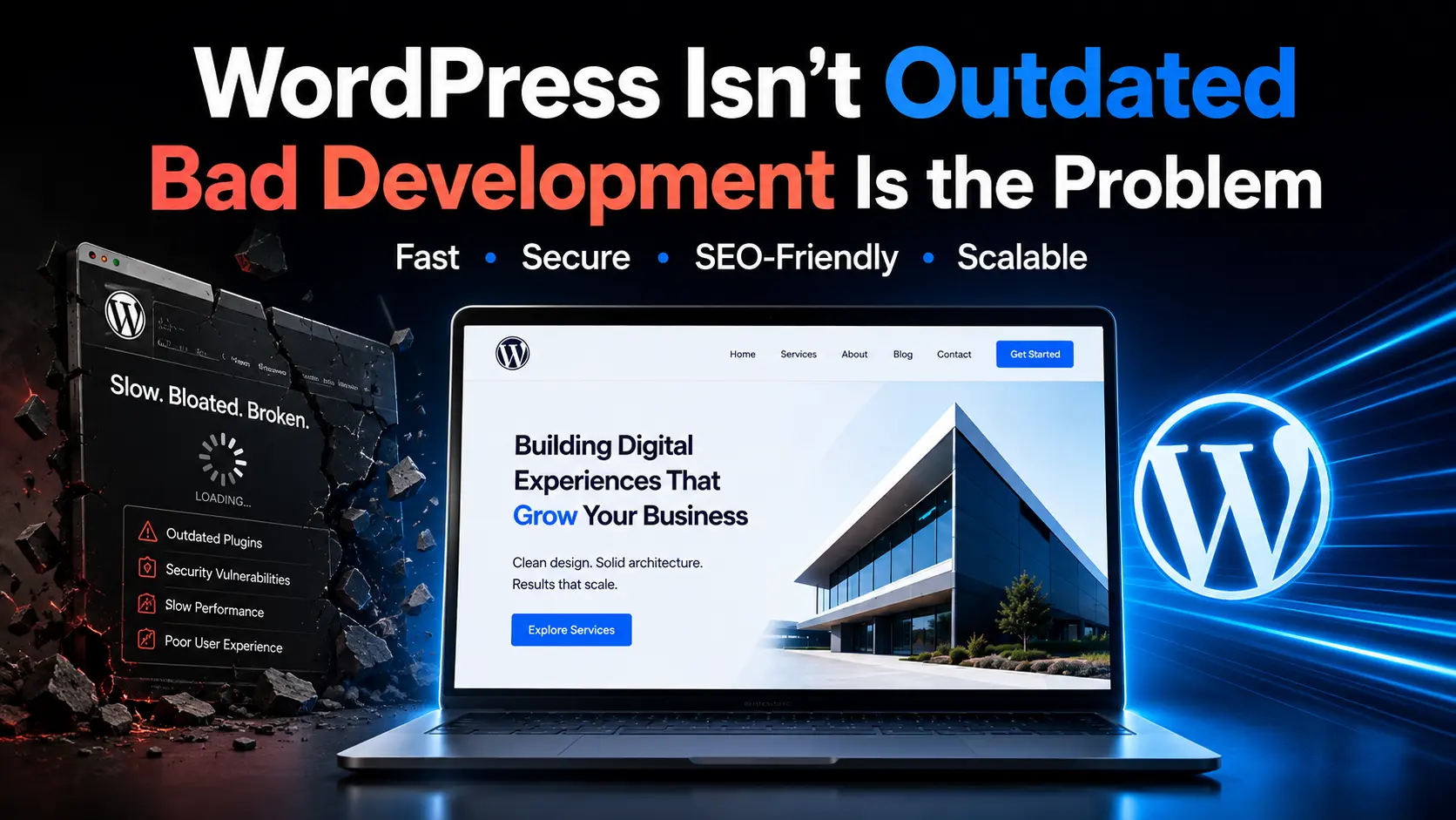 Professional WordPress website development comparison showing bad development versus fast, secure, SEO-friendly, and scalable WordPress design.